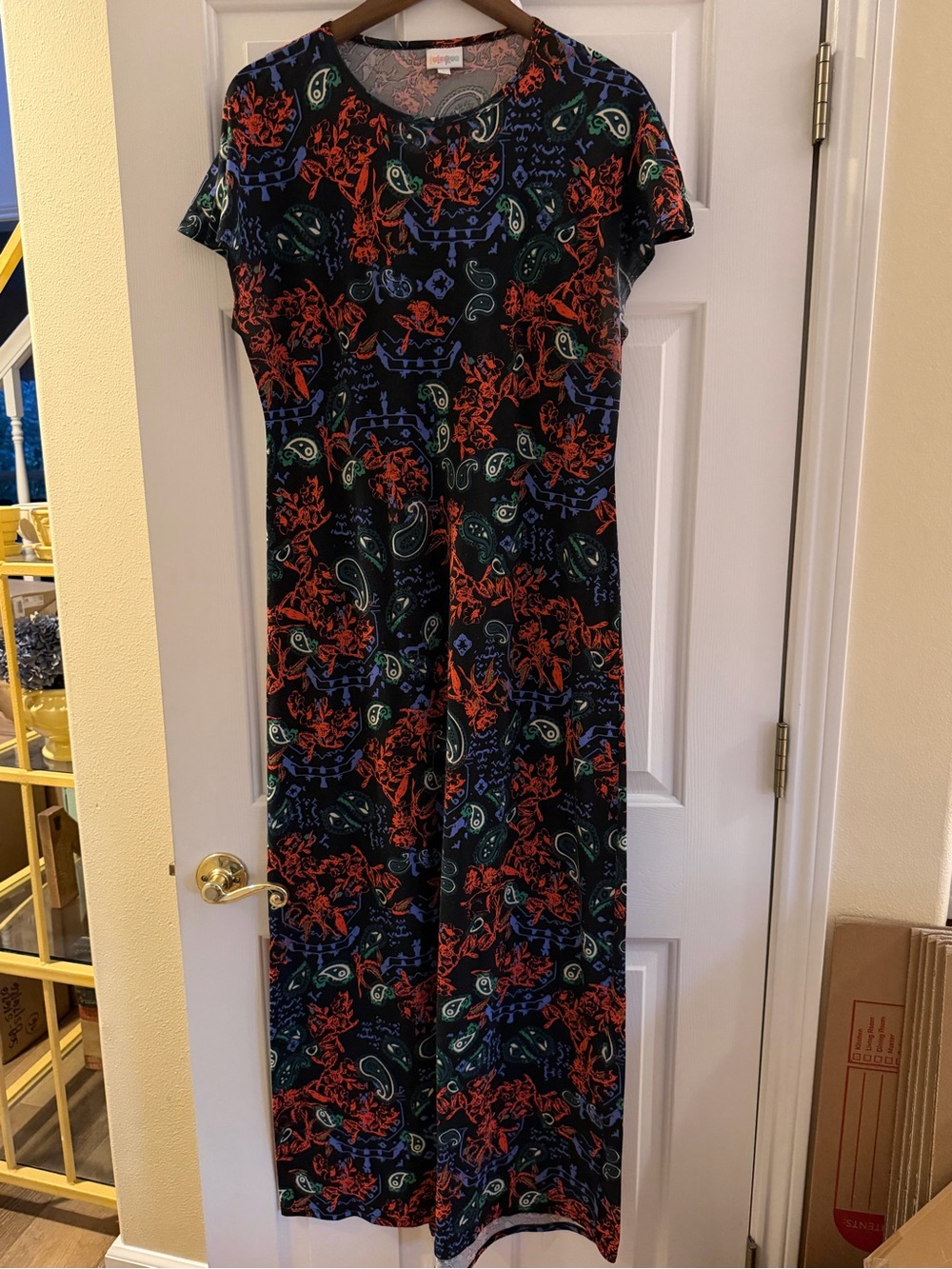 LuLaRoe Maria Black Maxi Dress with Multicolor Paisley Print. Size large